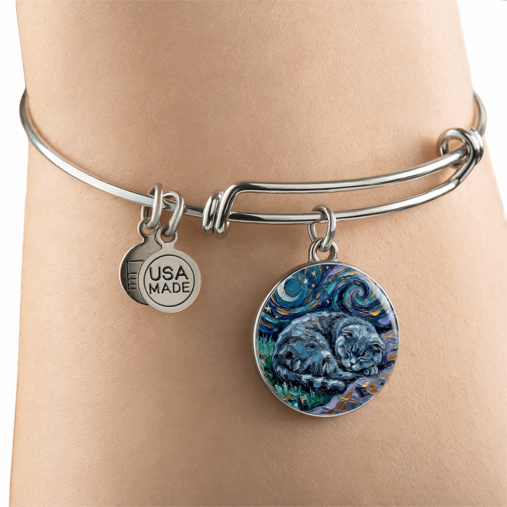 Sleepy Scottish Fold Round Charm Bracelet