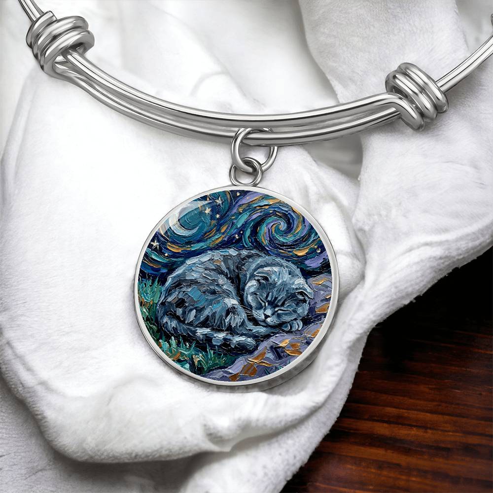 Sleepy Scottish Fold Round Charm Bracelet