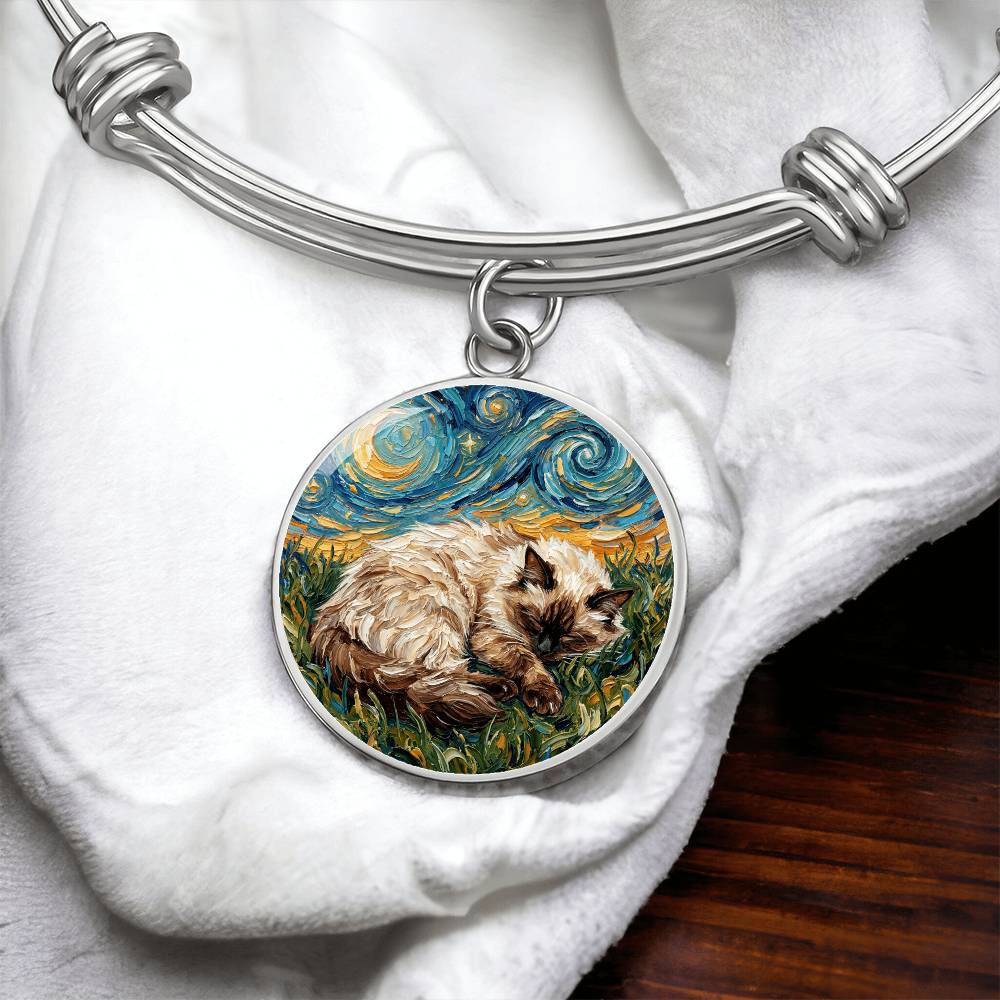 Sleepy Birman Night Round Charm Bracelet