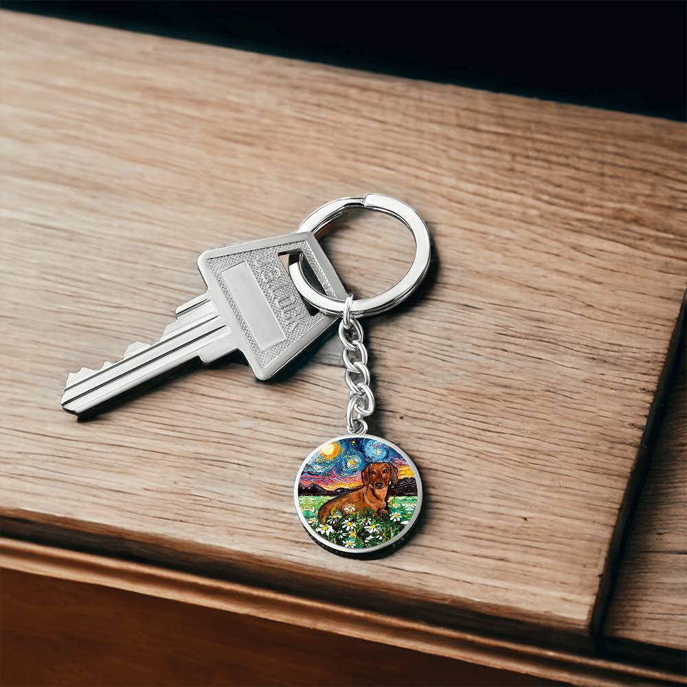 Brown Dachshund and Flowers Round Keychain