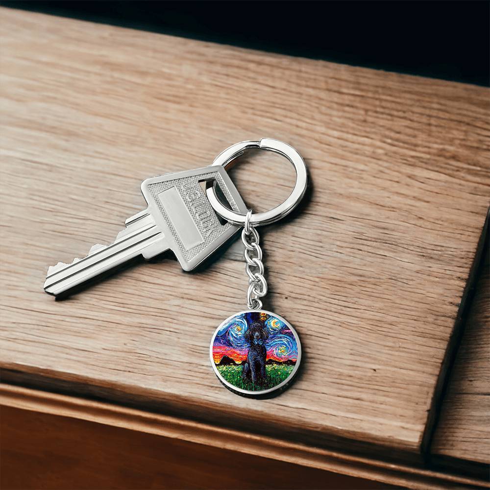 Black Poodle Starry Night Round Keychain