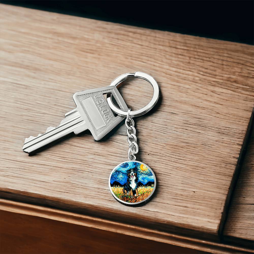 Bernese Mountain Dog Starry Night Round Keychain