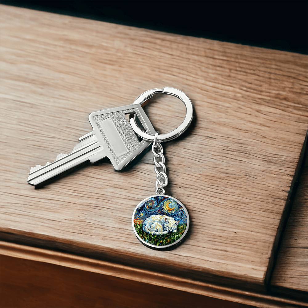 Sleepy White Cat Night Round Keychain