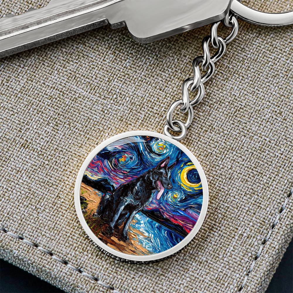 Black German Shepherd Starry Night Round Keychain