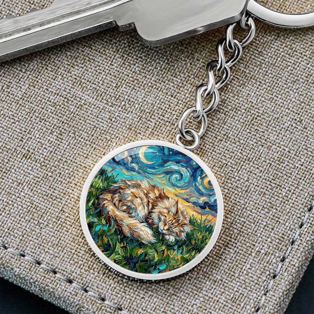 Sleepy Maine Coon Night Round Keychain