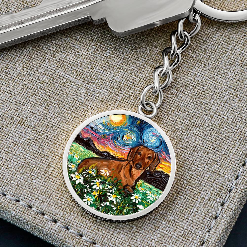 Brown Dachshund and Flowers Round Keychain