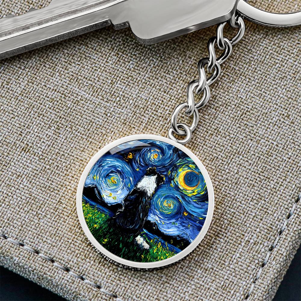 Border Collie Back Starry Night Round Keychain