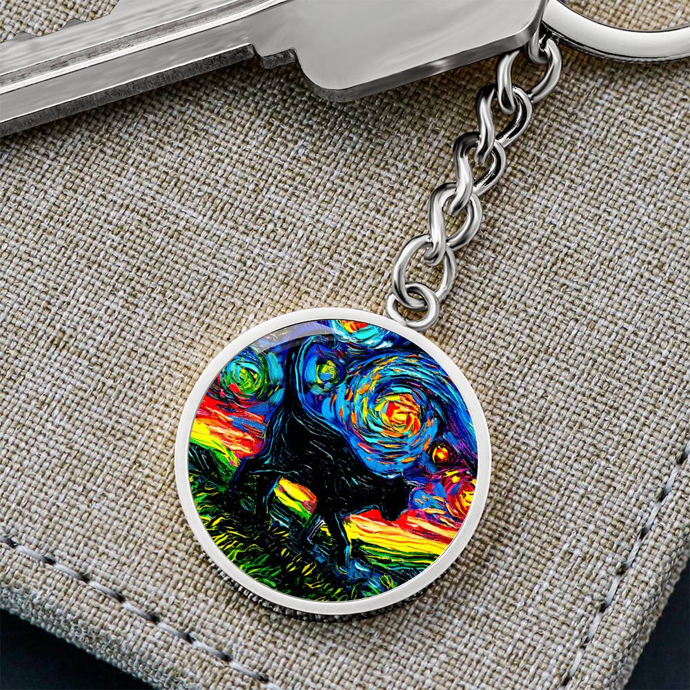 Black Cat Silhouette Starry Night Round Keychain
