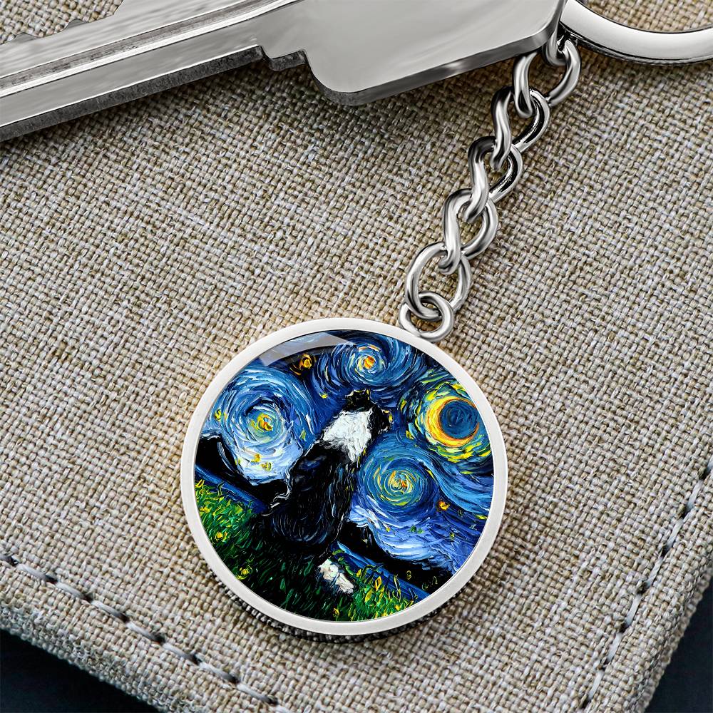 Border Collie Back Starry Night Round Keychain