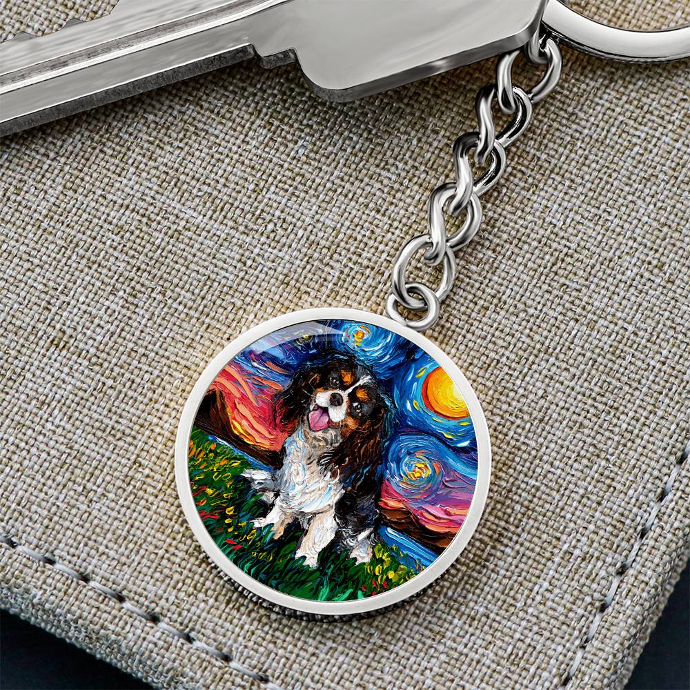 Tri Color Cavalier King Charles Spaniel Starry Night Round Keychain