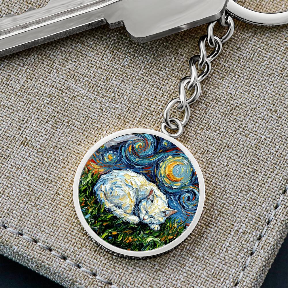 Sleepy White Cat Night Round Keychain