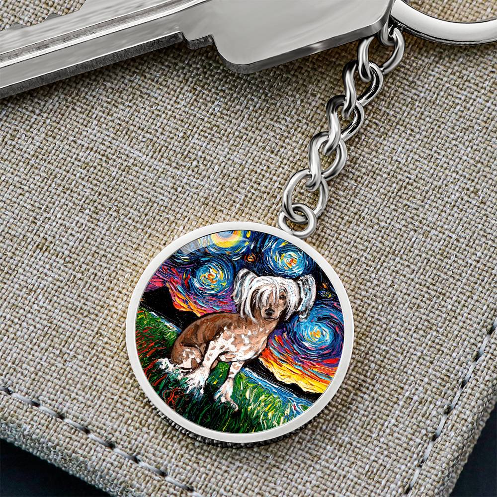 Chinese Crested Starry Night Round Keychain