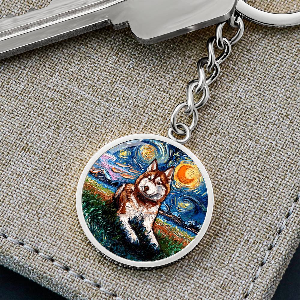 Red Husky Starry Night Round Keychain