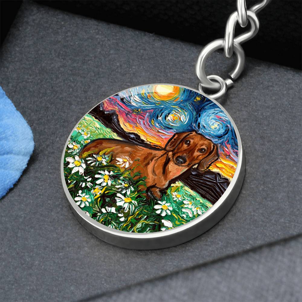 Brown Dachshund and Flowers Round Keychain