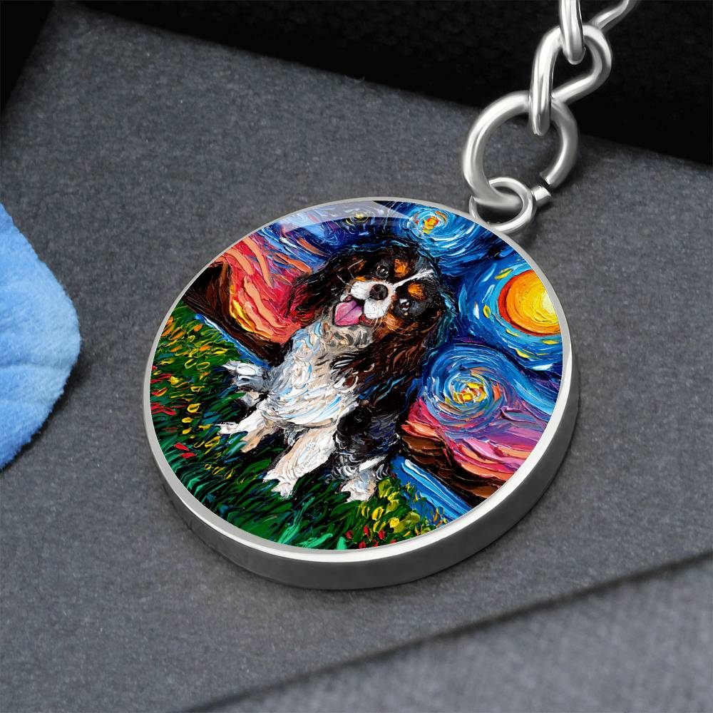 Tri Color Cavalier King Charles Spaniel Starry Night Round Keychain