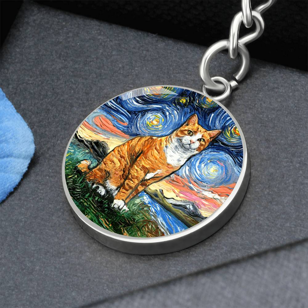 Orange and White Tabby Starry Night Round Keychain