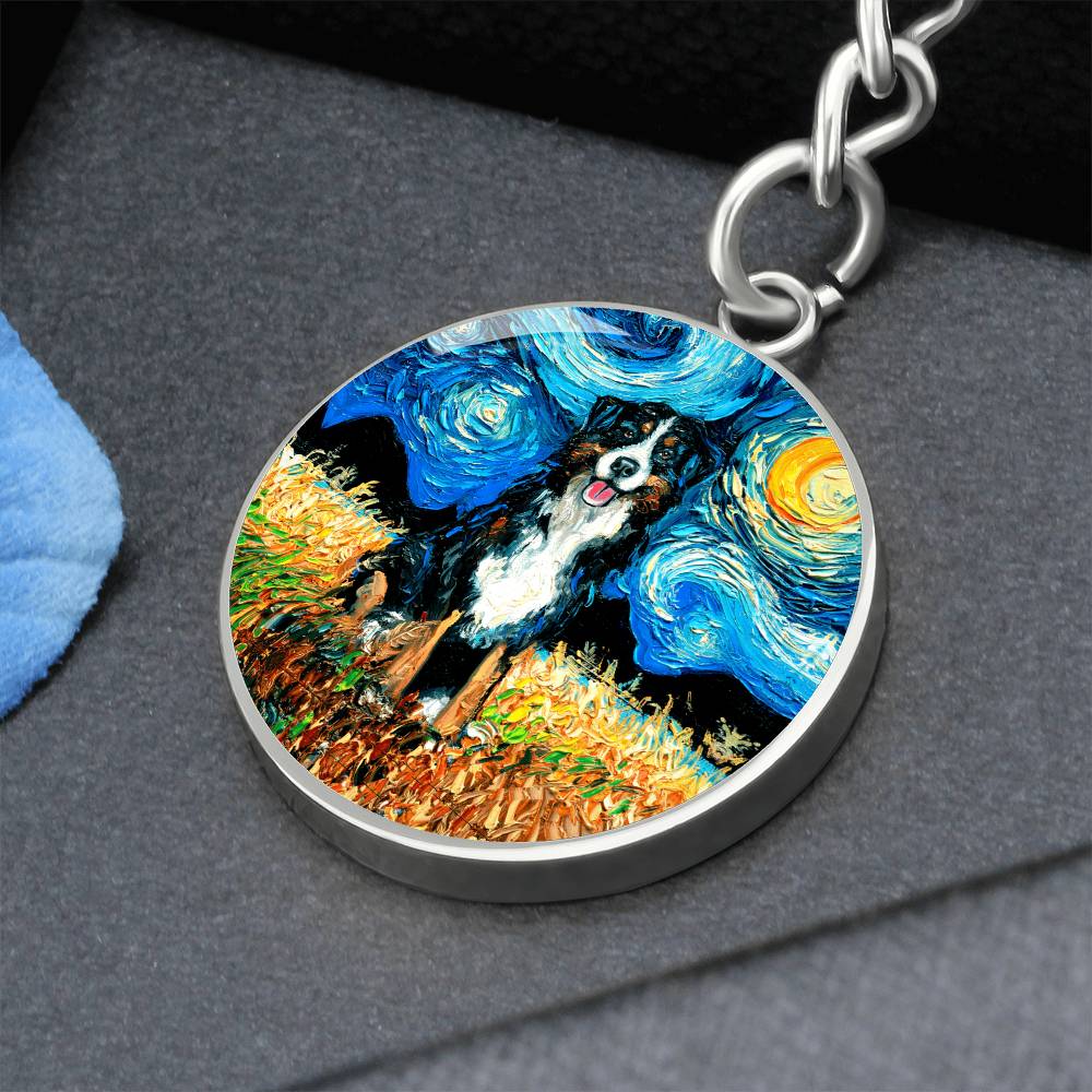 Bernese Mountain Dog Starry Night Round Keychain