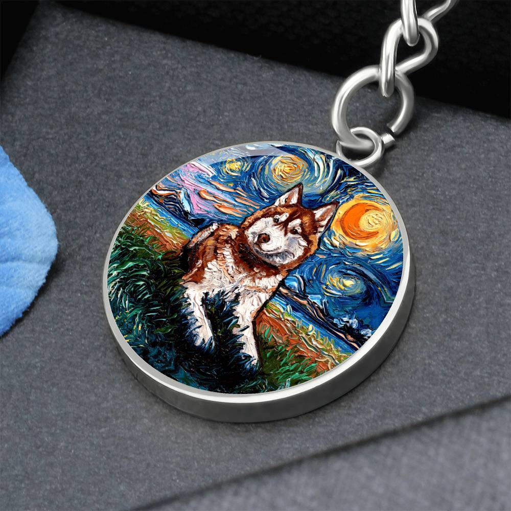 Red Husky Starry Night Round Keychain
