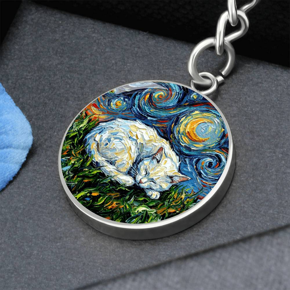 Sleepy White Cat Night Round Keychain