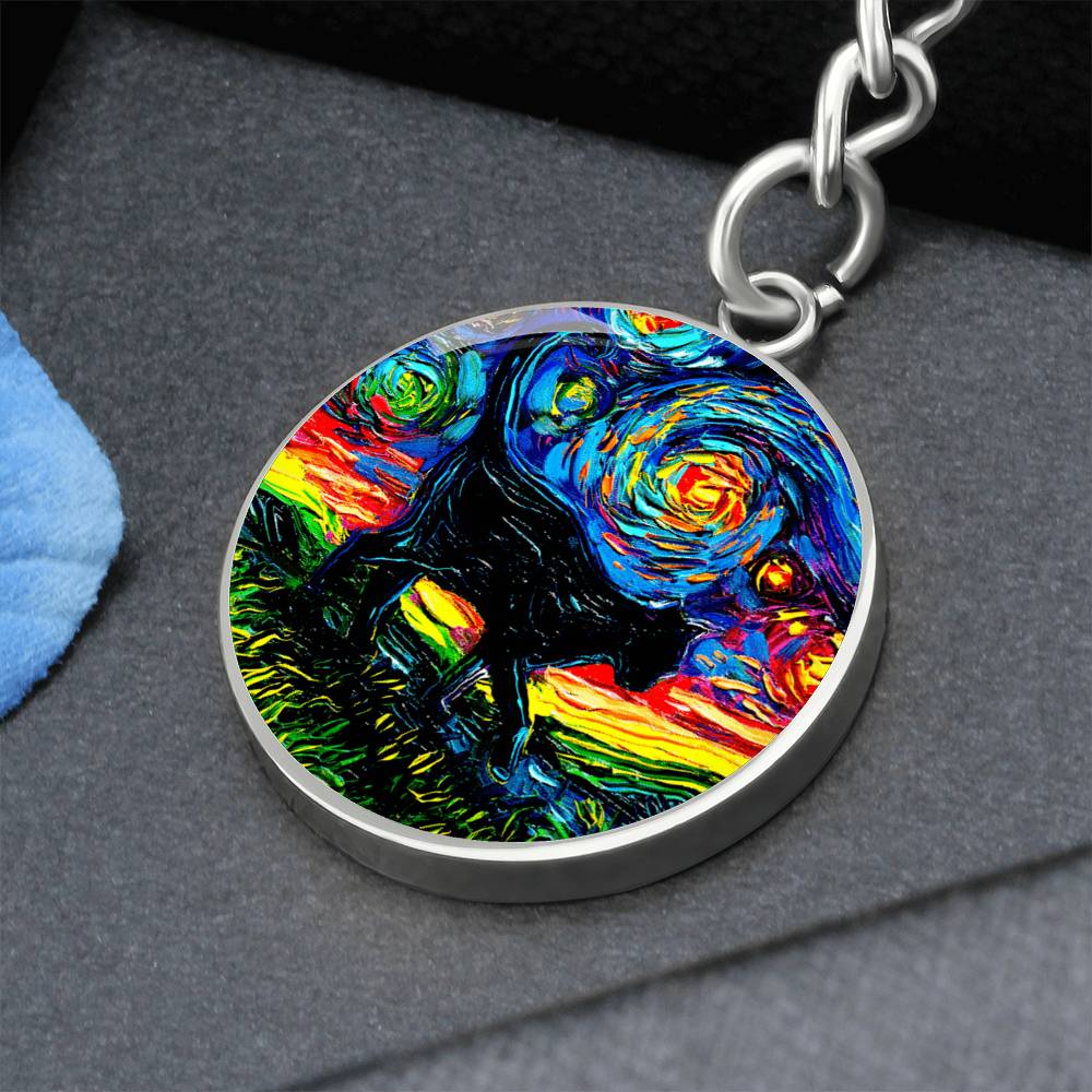 Black Cat Silhouette Starry Night Round Keychain