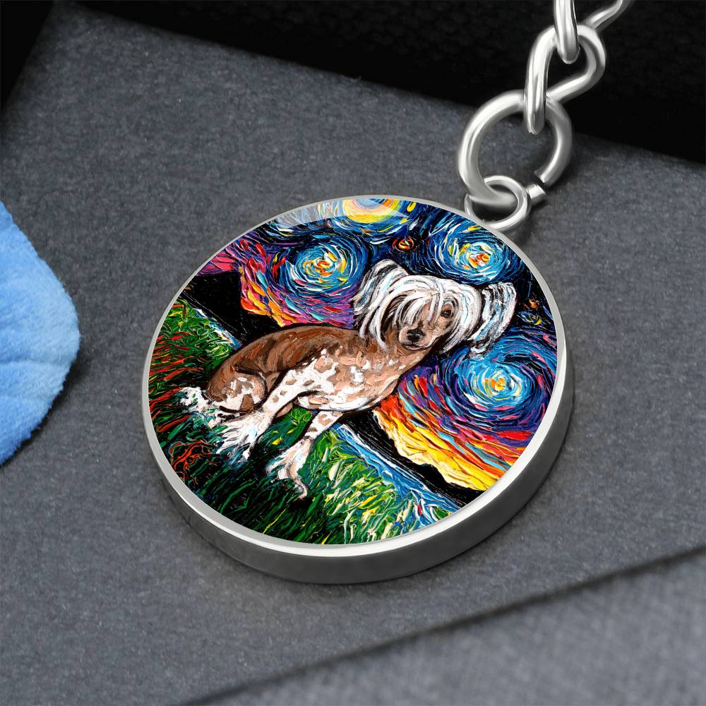 Chinese Crested Starry Night Round Keychain