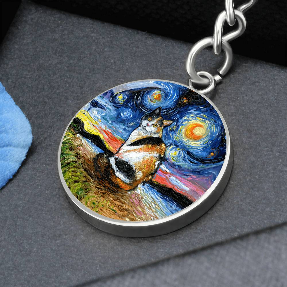 Calico Cat Starry Night Round Keychain