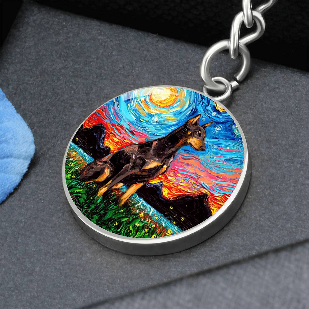 Red Doberman Starry Night Round Keychain