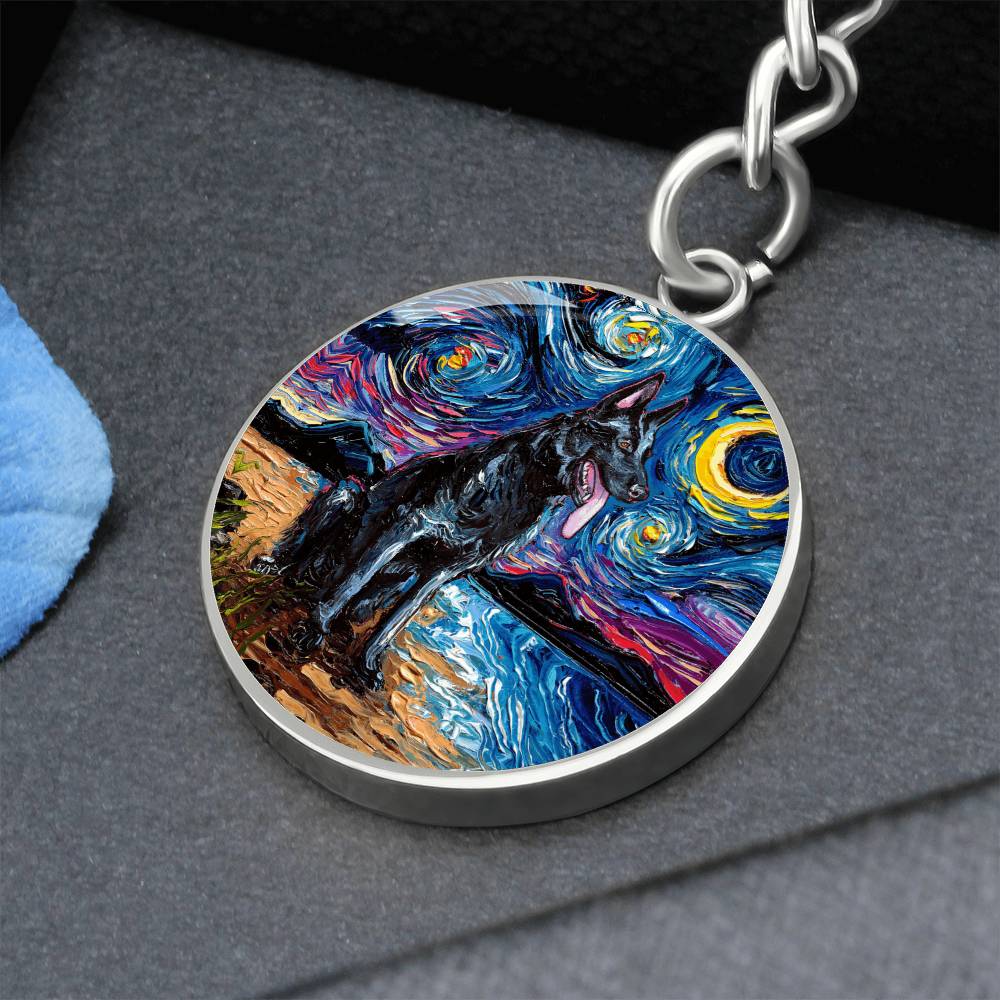 Black German Shepherd Starry Night Round Keychain