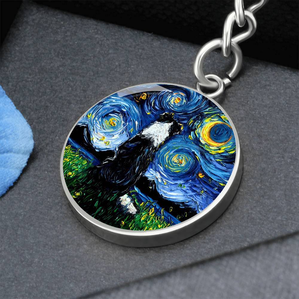 Border Collie Back Starry Night Round Keychain