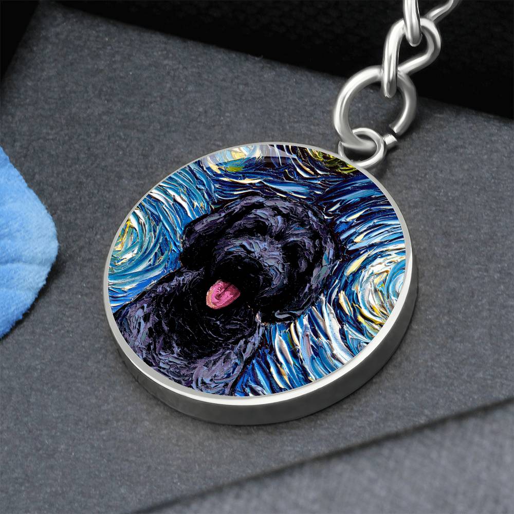 Black Goldendoodle Starry Night Round Keychain