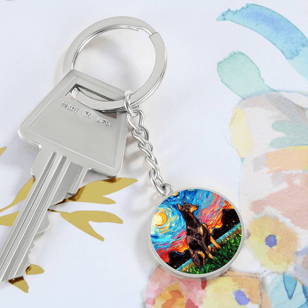 Red Doberman Starry Night Round Keychain