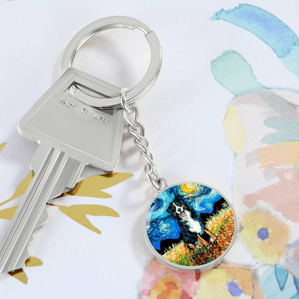 Bernese Mountain Dog Starry Night Round Keychain