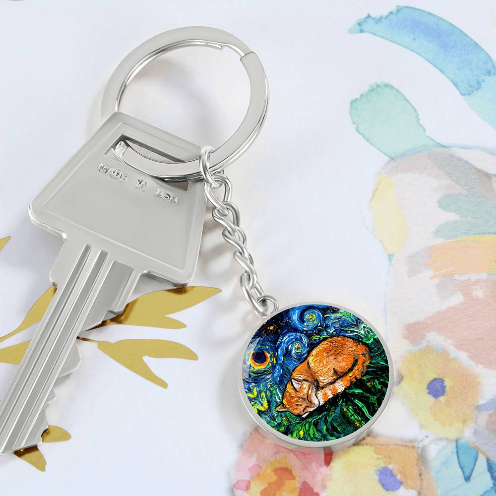 Sleeping Orange Tabby Starry Night Round Keychain