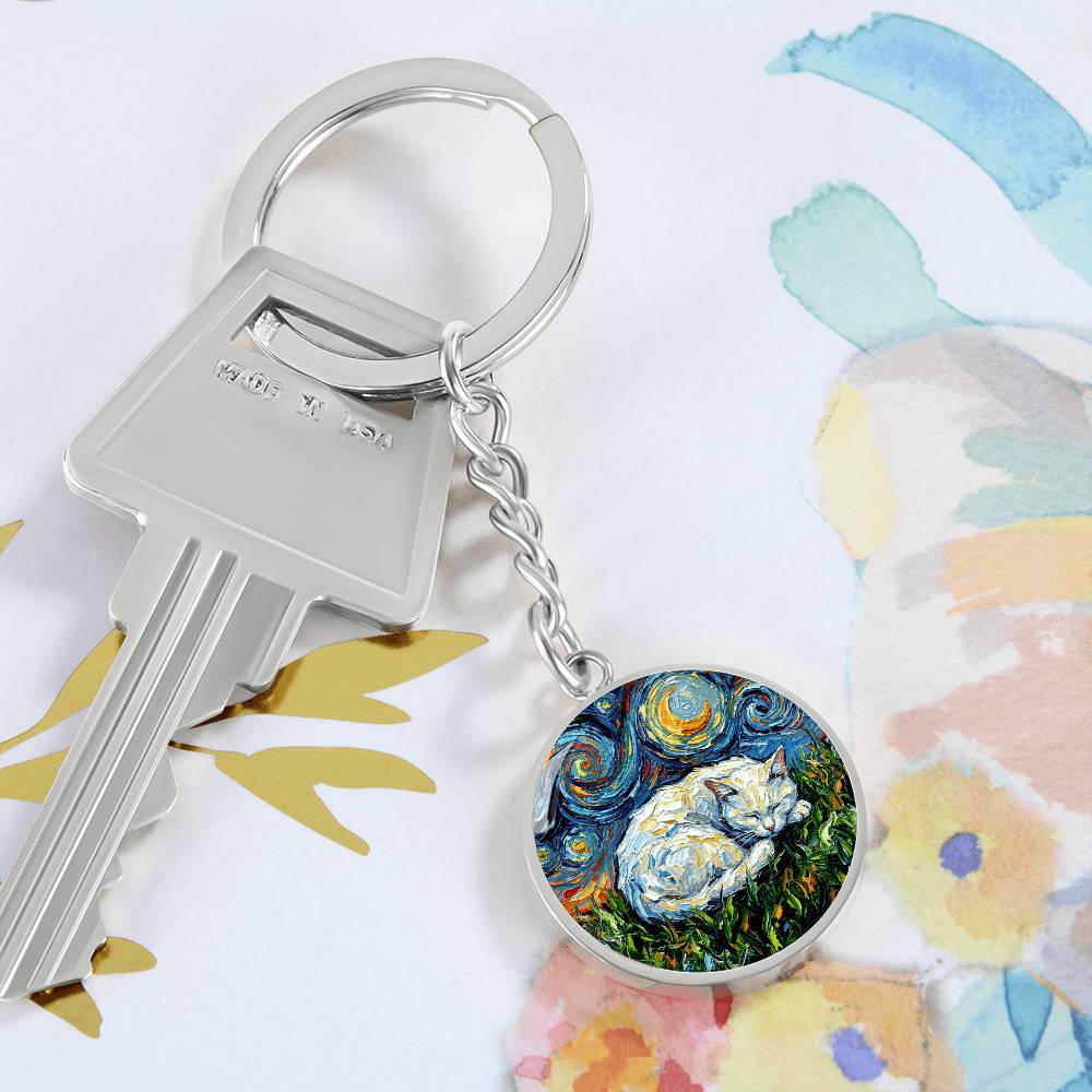 Sleepy White Cat Night Round Keychain