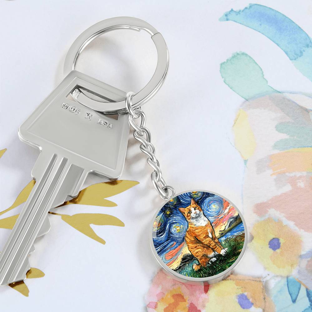 Orange and White Tabby Starry Night Round Keychain