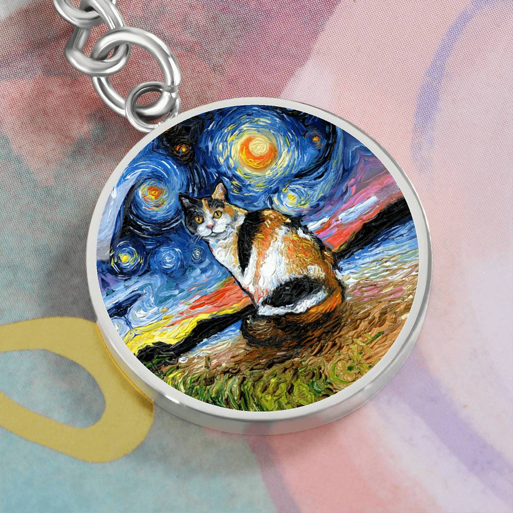 Calico Cat Starry Night Round Keychain