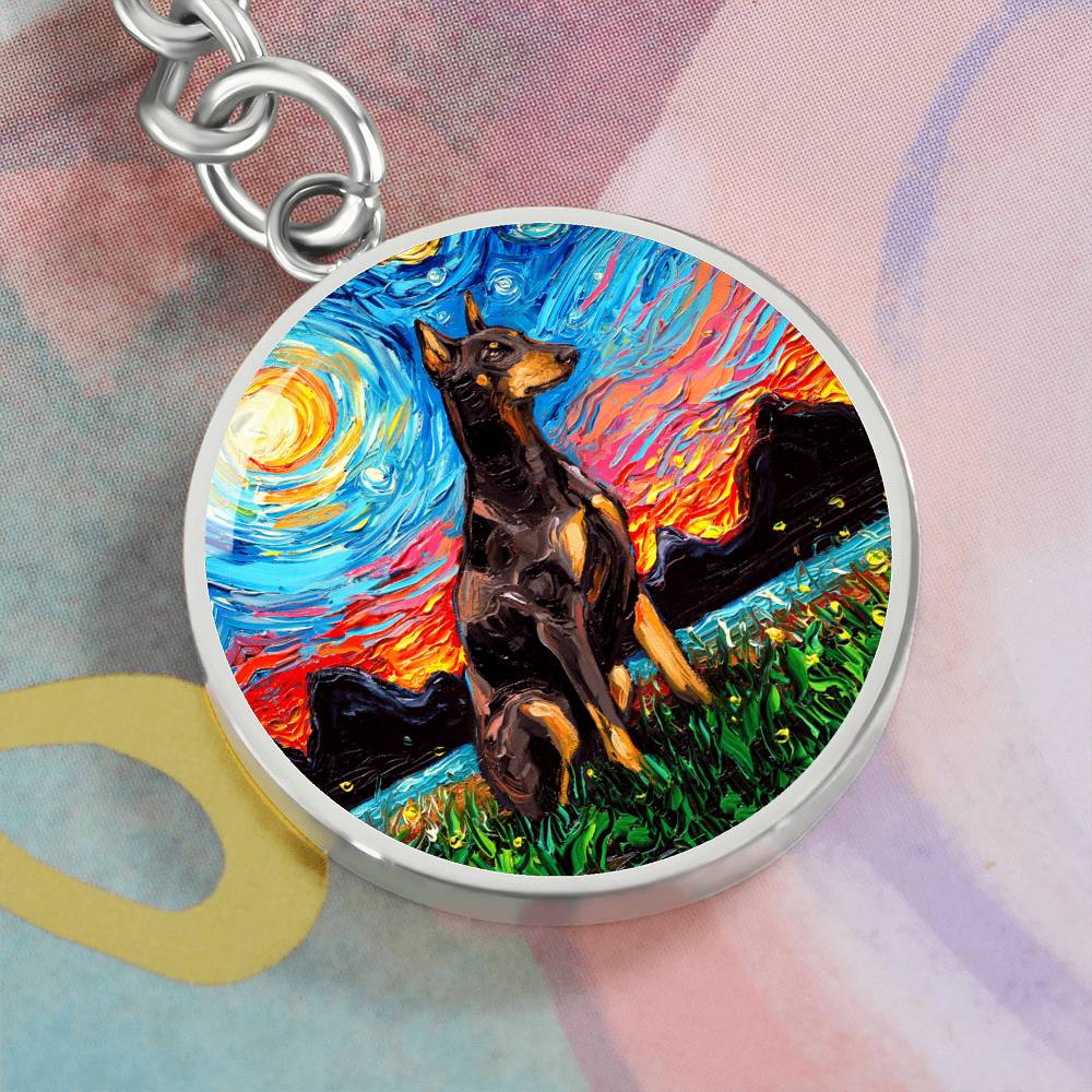 Red Doberman Starry Night Round Keychain