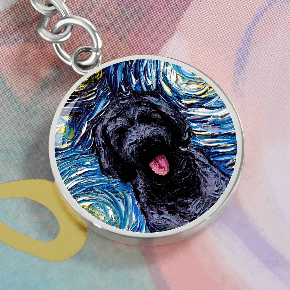 Black Goldendoodle Starry Night Round Keychain