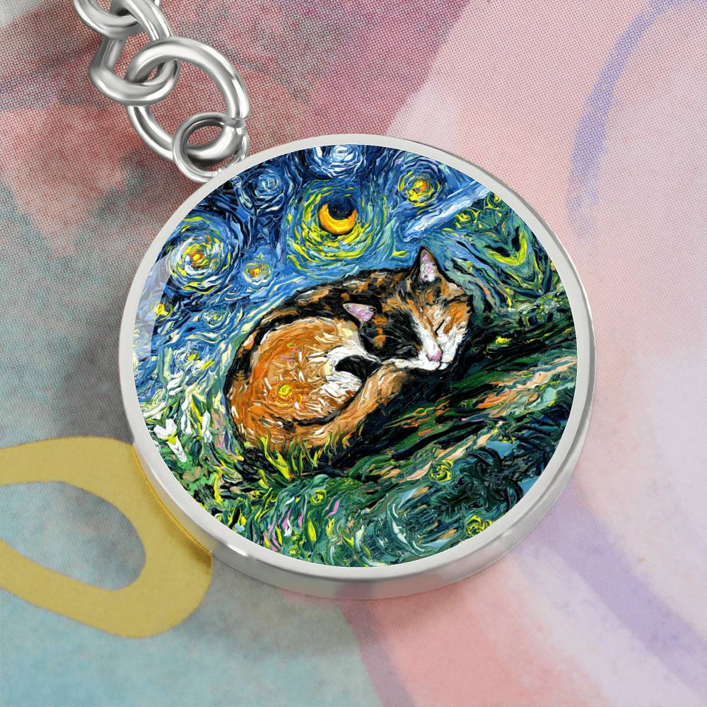 Sleeping Calico Cat Starry Night Round Keychain
