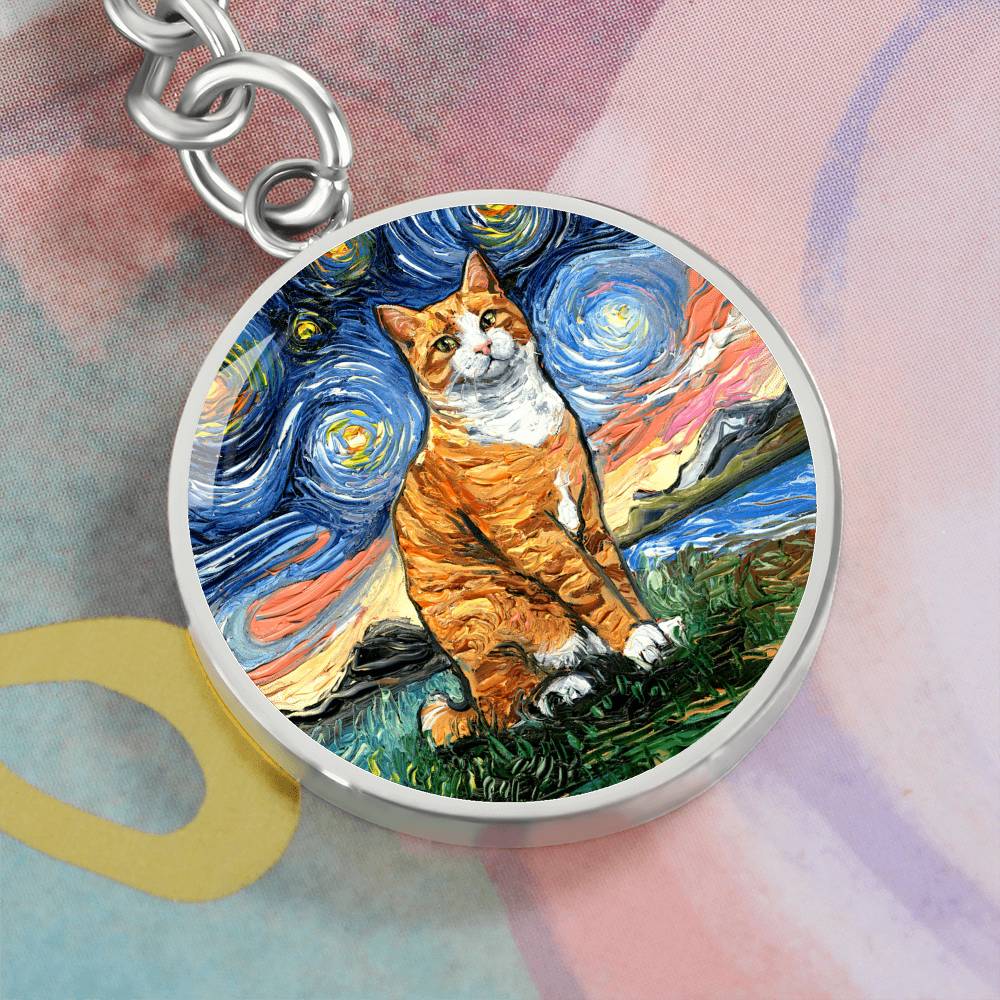 Orange and White Tabby Starry Night Round Keychain