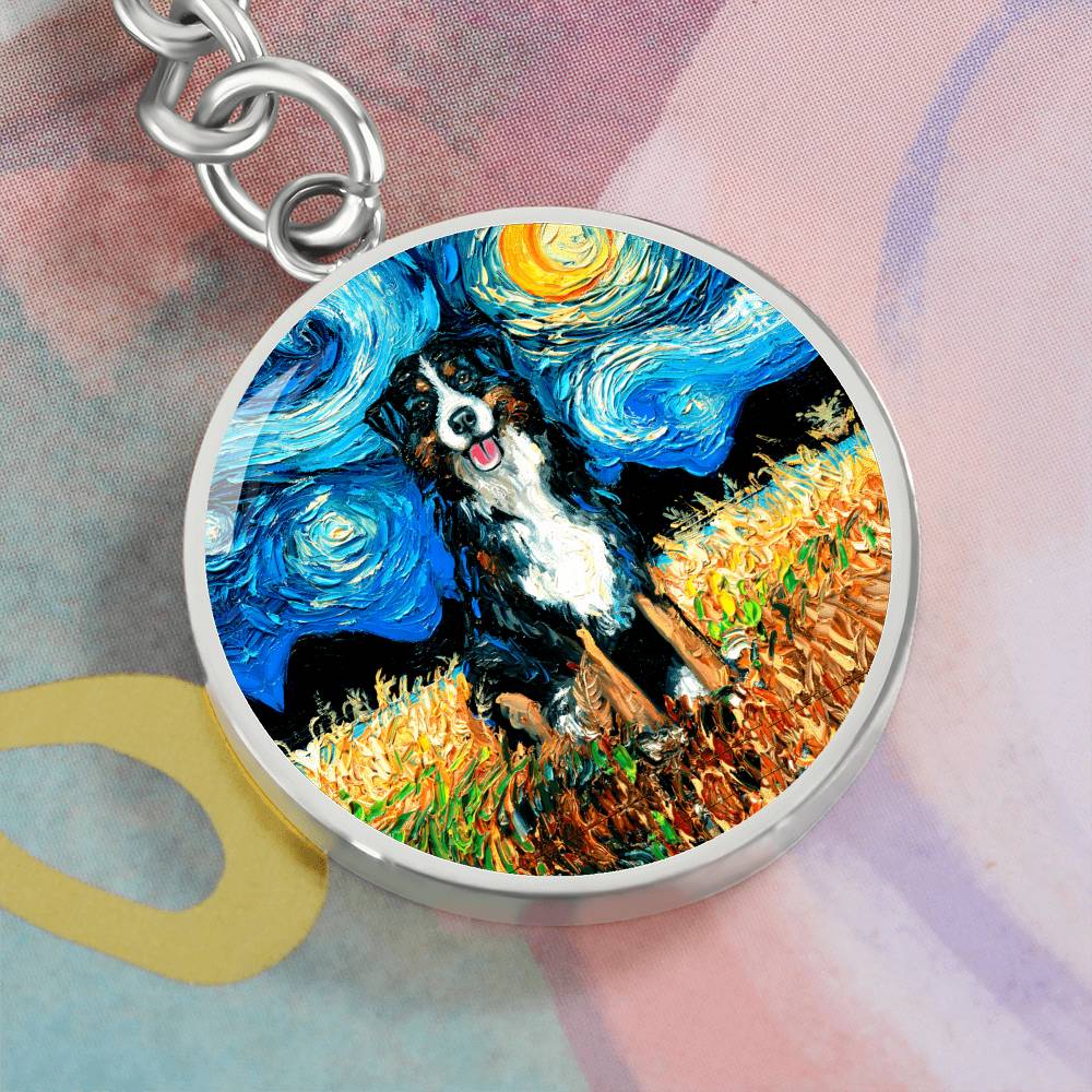 Bernese Mountain Dog Starry Night Round Keychain