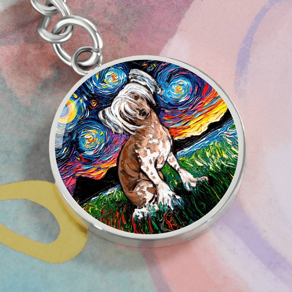 Chinese Crested Starry Night Round Keychain