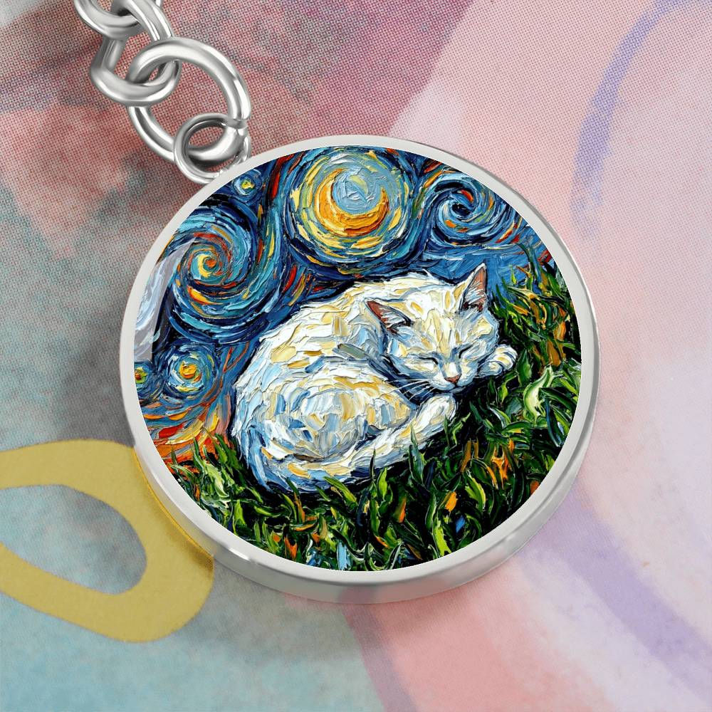 Sleepy White Cat Night Round Keychain