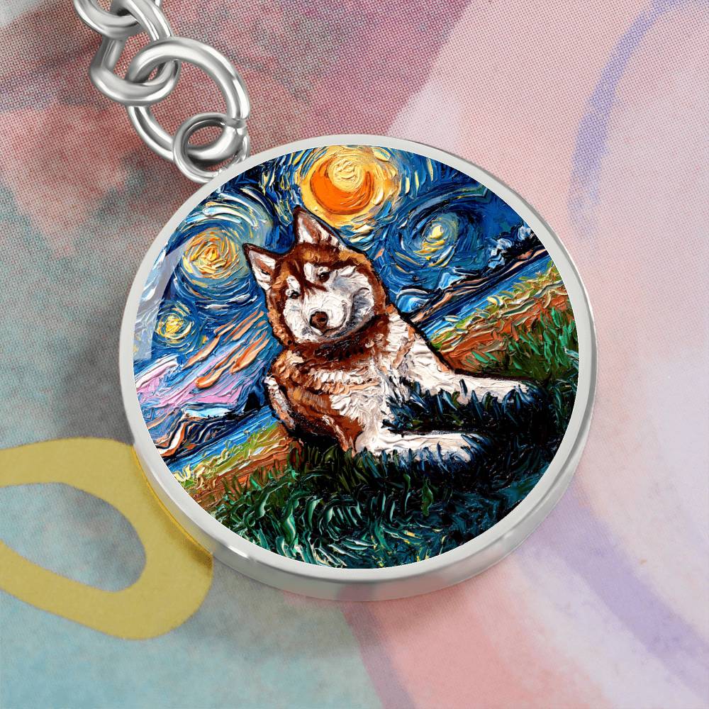 Red Husky Starry Night Round Keychain