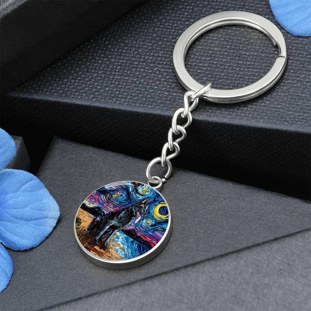 Black German Shepherd Starry Night Round Keychain