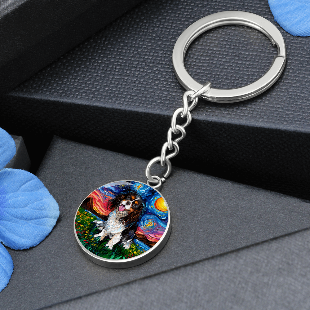 Tri Color Cavalier King Charles Spaniel Starry Night Round Keychain