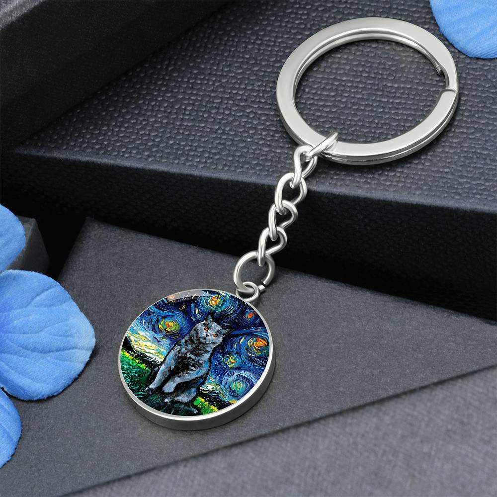 Blue British Shorthair Starry Night Round Keychain