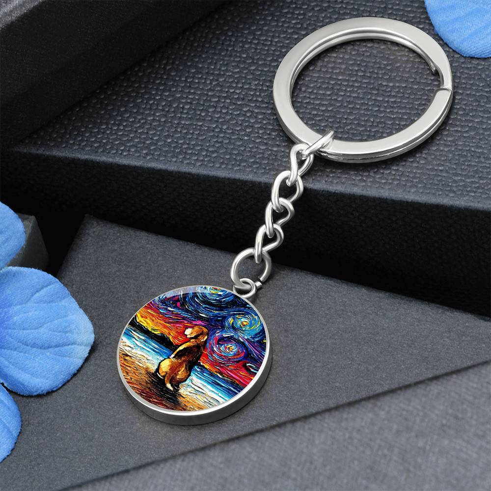 Beagle at the Beach Starry Night Round Keychain