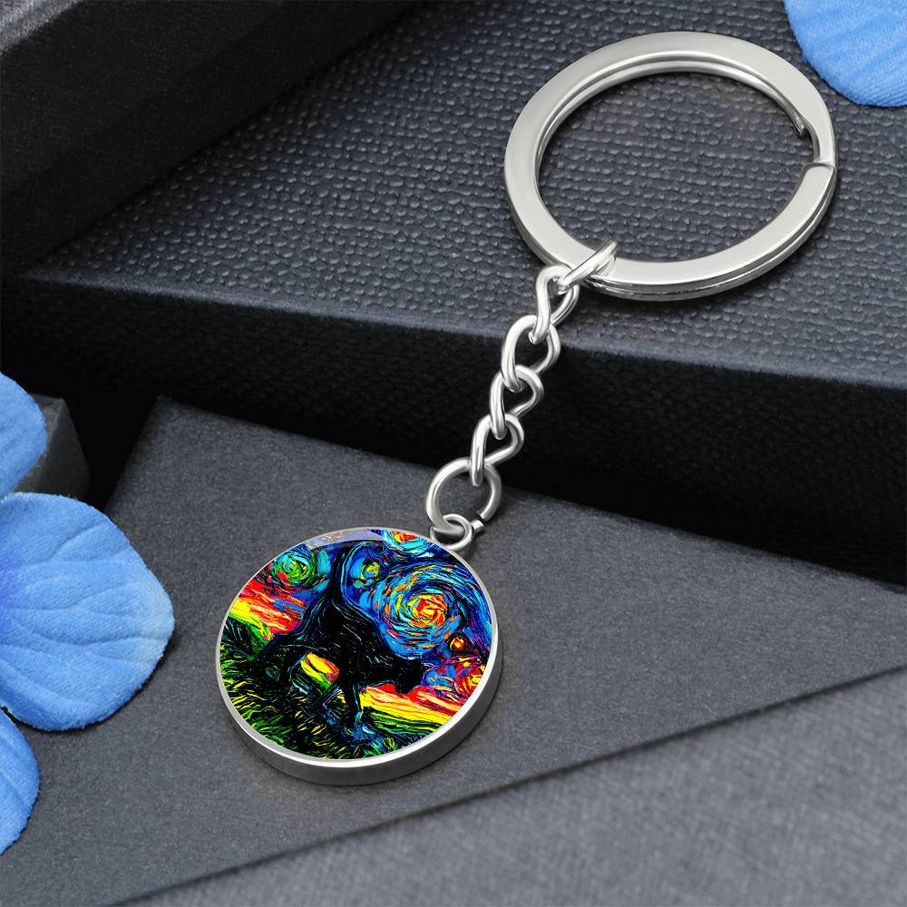 Black Cat Silhouette Starry Night Round Keychain