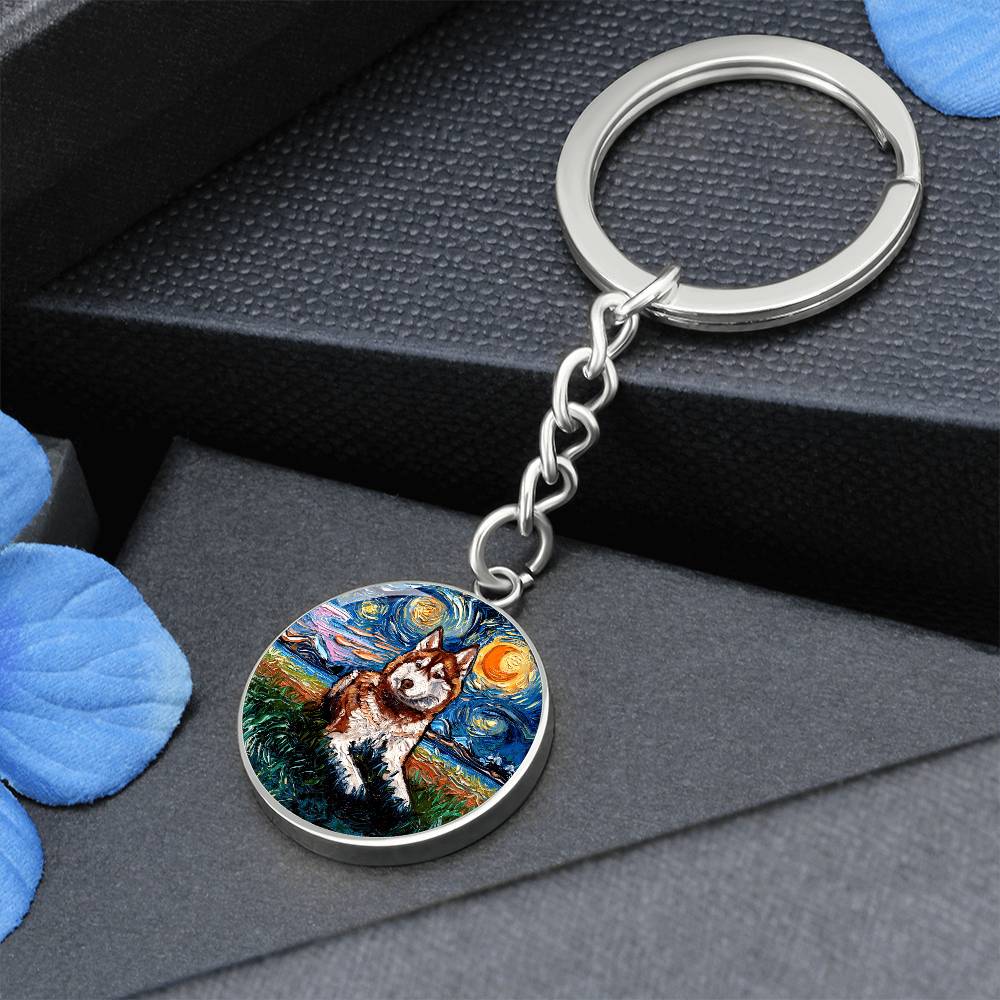 Red Husky Starry Night Round Keychain